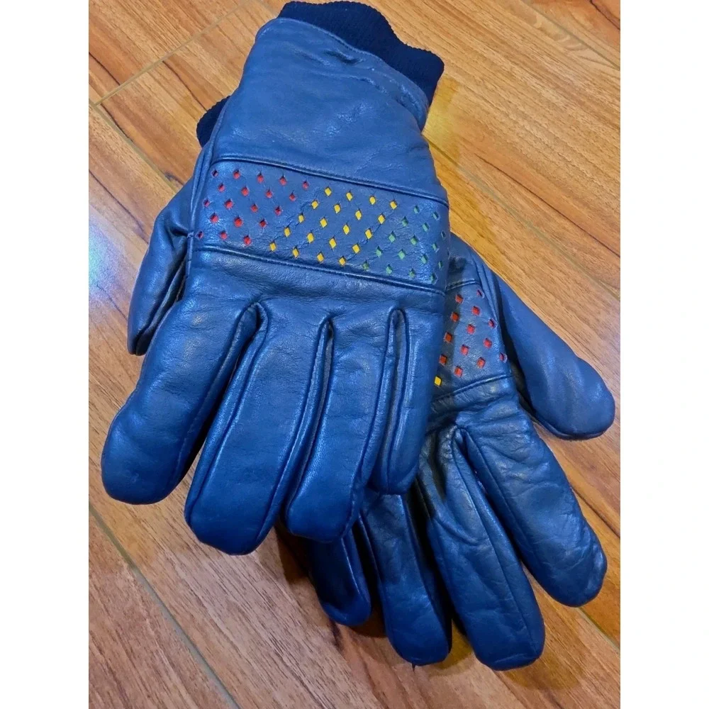 Vintage Colins Montreal Ski Gloves Navy Leather Perforated Rainbow Retro Grandoe